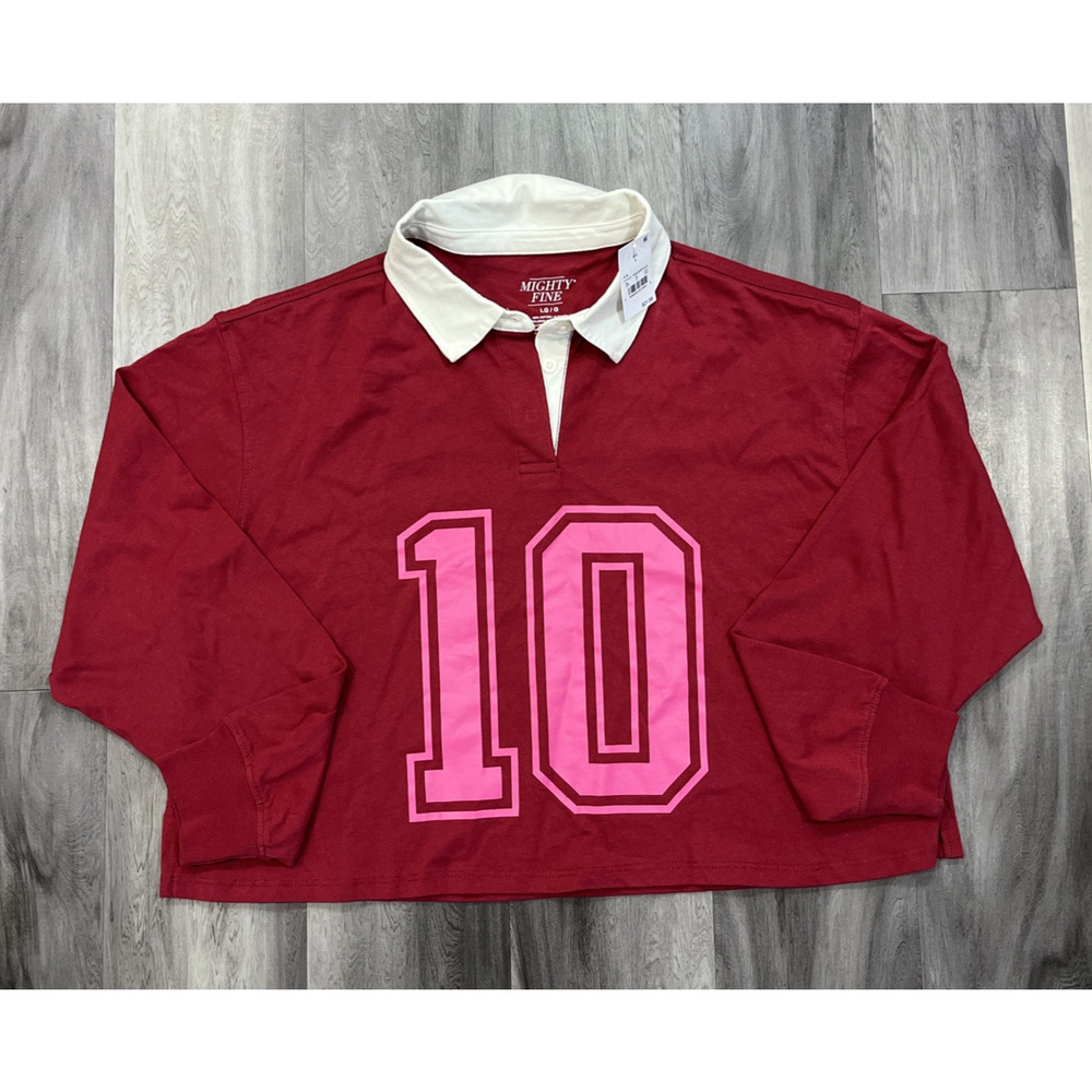 NWT Burgundy and Pink Cropped Polo Shirt Rugby Size LG Long Sleeve Mighty Fine